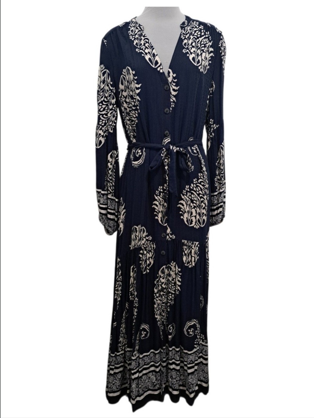 By Anthropologie Tiered Fall Whimsigoth Boho Button Down Maxi Dress Large Navy